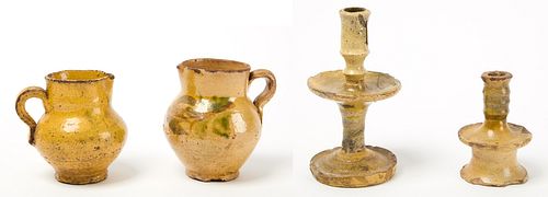Two Early Pottery Candlesticks and Two Pitchers