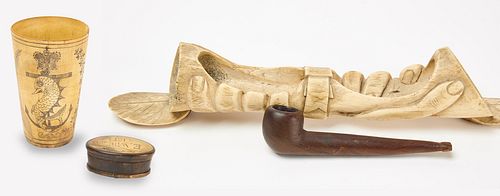 Scrimshaw Horn Cup,Bone Snuff Box, and Pipe Holder