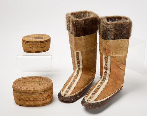 Two Makah Lidded Baskets and Inuit Boots
