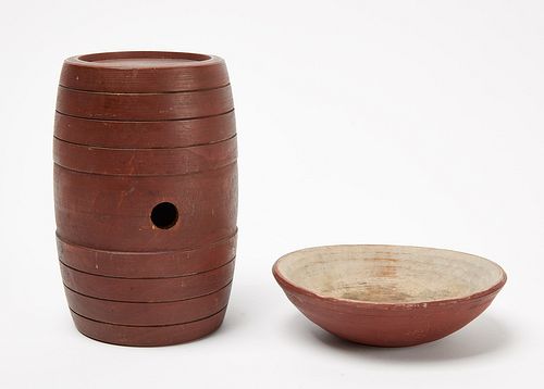 Painted Treen Keg and Miniature Bowl