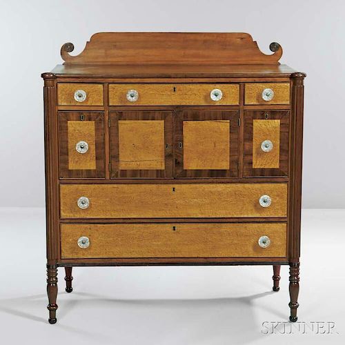 Carved Cherry and Bird's-eye Maple and Mahogany Veneer Sideboard