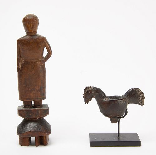 Carved Female Figure & Rooster Pipe