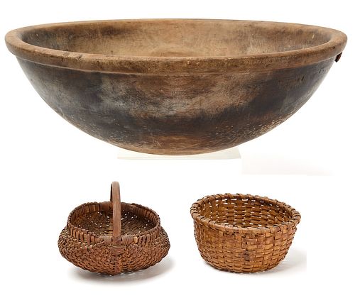 Large Turned Bowl and Two Baskets