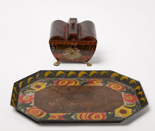 Decorated Tole Tea Caddy & Coffin Shaped Tray