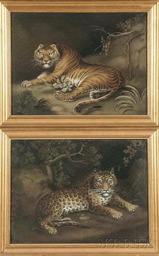 Two Marmotinto (Sand) Paintings of Big Cats Attributed to Benjamin Zobel (1762-1830)