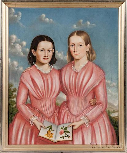 American School, 19th Century      Double Portrait of Mary Elizabeth and Caroline Brackett of Newton, Massachusetts, in Pink 