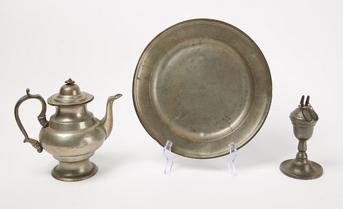 Pewter Plate, Whale Oil Lamp, and Kettle