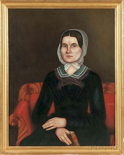 American School, Probably New York State, 19th Century      Portrait of a Woman Seated on a Mahogany Veneer Empire Sofa