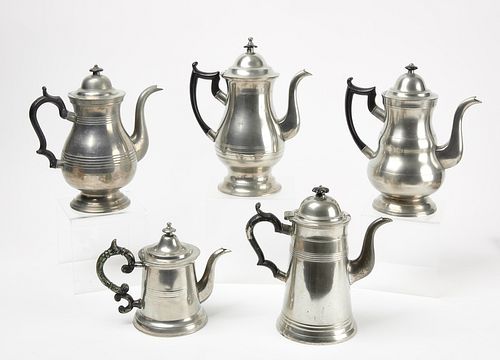 Four Pewter Coffee Servers and One Pewter Tea Pot