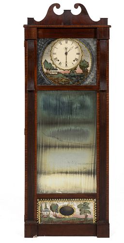 JOSEPH IVES (AMERICAN, 1782-1862) MAHOGANY AND TIGER MAPLE MIRROR WALL CLOCK