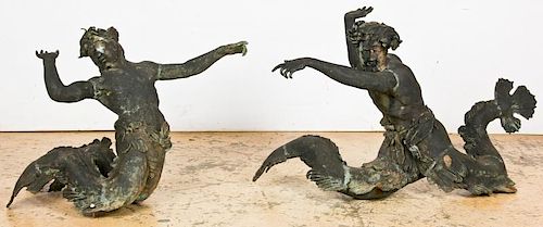 Pair of Patinated Bronze Mermen Garden Figures