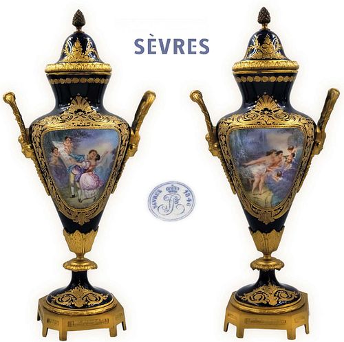 Pair Of 19th C. Signed And Hand Painted Severes cobalt Figural Bronze Vases With Lid