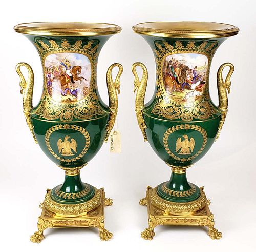 Magnificent Large Pair of 19th C. Sevres Porcelain Urns