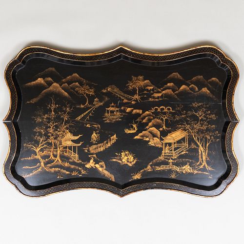 Large Black Painted and Parcel-Gilt Chinoiserie Decorated Papier Mache Tray