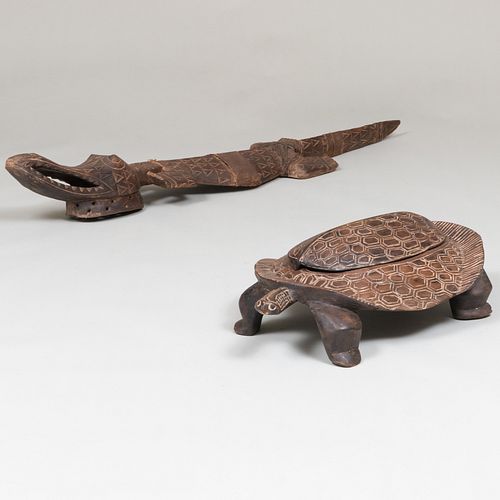 African Carved Wood Figure of a Turtle and Crocodile 