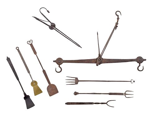 Eight Early Wrought Iron and Brass Tools