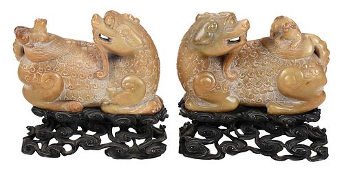 Pair of Chinese Carved Soapstone Fu Lions with Stands