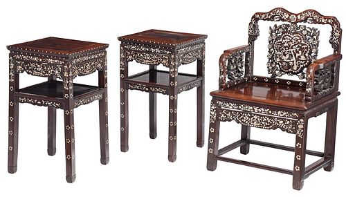 Chinese Export Mother of Pearl Inlaid Hardwood Three Piece Suite