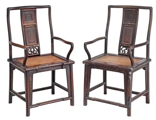 Pair of Chinese Carved Elmwood Armchairs