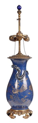 Chinese Blue Glazed and Gilt Porcelain Vase as Lamp
