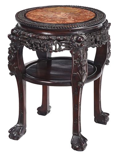 Chinese Carved Hardwood and Marble Tabouret Table