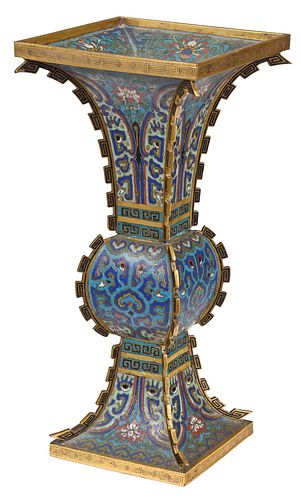 Chinese Brass Cloisonne Square Gu Form Vase