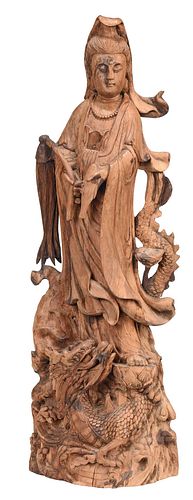 Chinese Carved Wood Standing Guanyin Figure