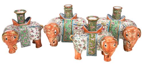 Two Pairs Chinese Export Enameled Porcelain Elephant Candlesticks