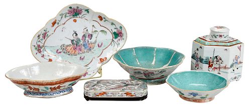 Six Chinese Enamel Decorated Porcelain Table Objects