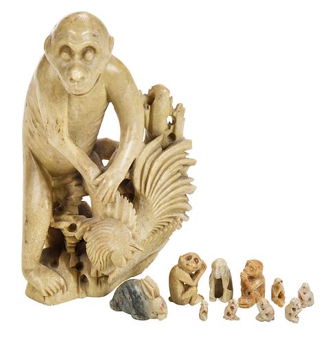 Chinese Carved Jade Monkey and Bunny, Nine Soapstone Carved Monkeys