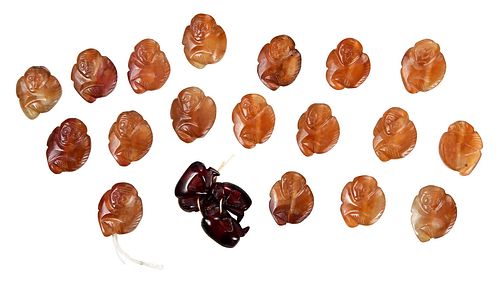 Group of 18 Chinese Carved Carnelian Beads and Three Carved Figured Monkeys 