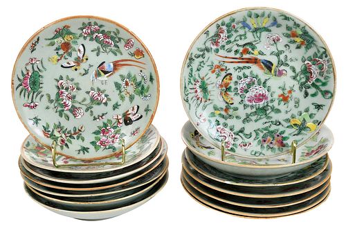 Set of 14 Chinese Famille Rose Celadon Plates