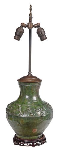 Chinese Green Glazed Pottery Vase Mounted as Lamp