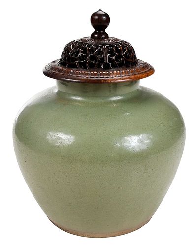 Chinese Celadon Glazed Vase with Pierced Lid