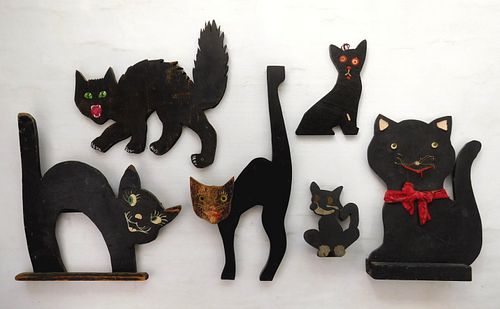 6 Folk art wooden cut outs of black cats