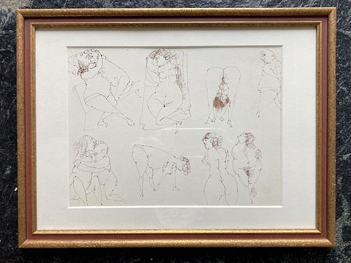 Whimsical Amorous Ink Drawing by Louis Bosa "In the Brothel" #4