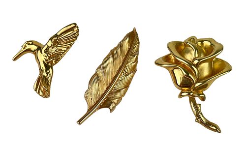(3) 14K Gold Brooch - Feather, Bird, Rose