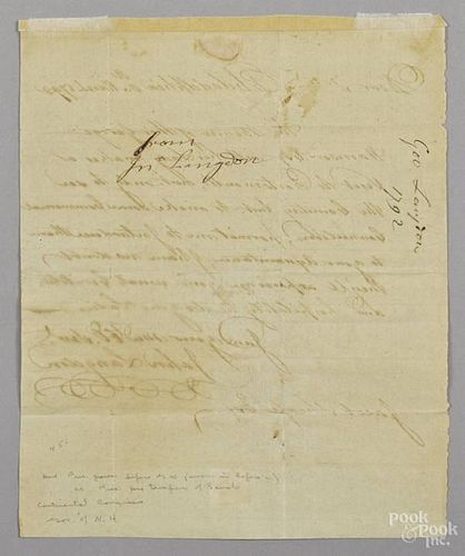 John Langdon signed letter, dated March 1792,