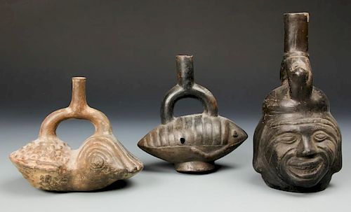 3 Pre Columbian Chimu Stirrup Vessels