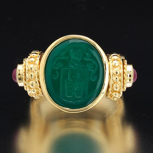 Etruscan Revival Italian Gold, Intaglio Carved Chalcedony and Ruby Armorial Signet Ring