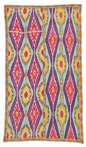 19th C. Central Asian Uzbek Silk Adras Ikat Panel