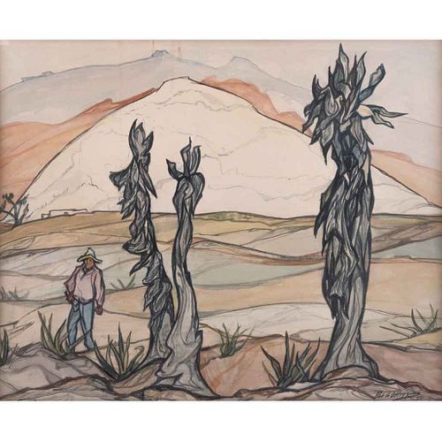 PABLO O'HIGGINS, Desierto de Matehuala, Firmada y fechada 82, Acuarela y lápiz de grafito sobre papel, 46.5 x 56.5 cm
