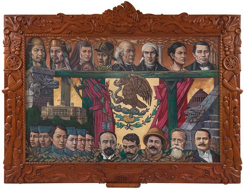 ROBERTO MONTENEGRO, Los héroes de la patria, Firmada, Mixta sobre madera, 127.7 x 196 cm, Con carta