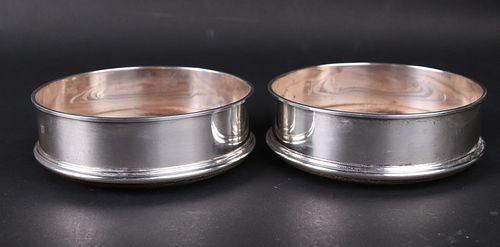 Pair of Sterling and Wood Wine Bottle Coasters
