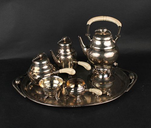 Mexican Sterling Silver Blossom Tea Set and Tray 
