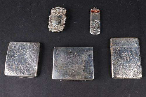 Three Sterling Cigarette Cases, Two Match Safes