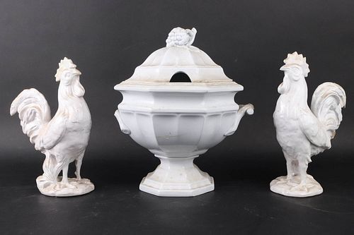 English Ironstone Tureen and Pair of Roosters