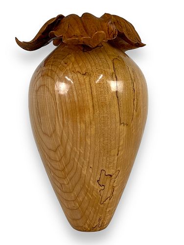 Turned Wood Vase Signed Illegibly