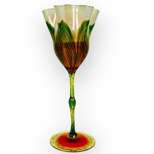LCT Tiffany Green Floriform Art Glass Vase
