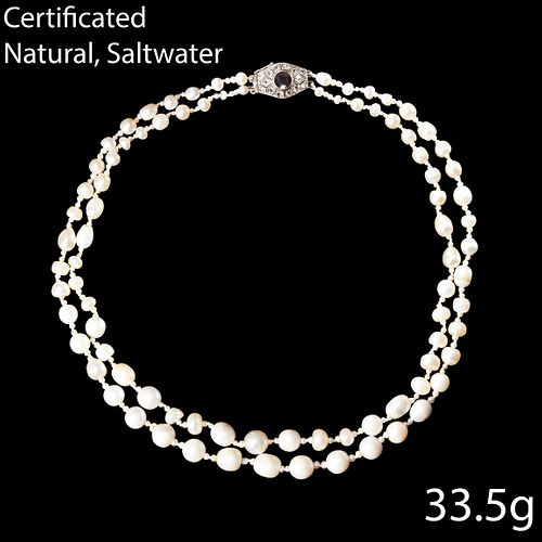 CERTIFICATED 2-ROW NATURAL SALTWATER PEARL NECKLACE.